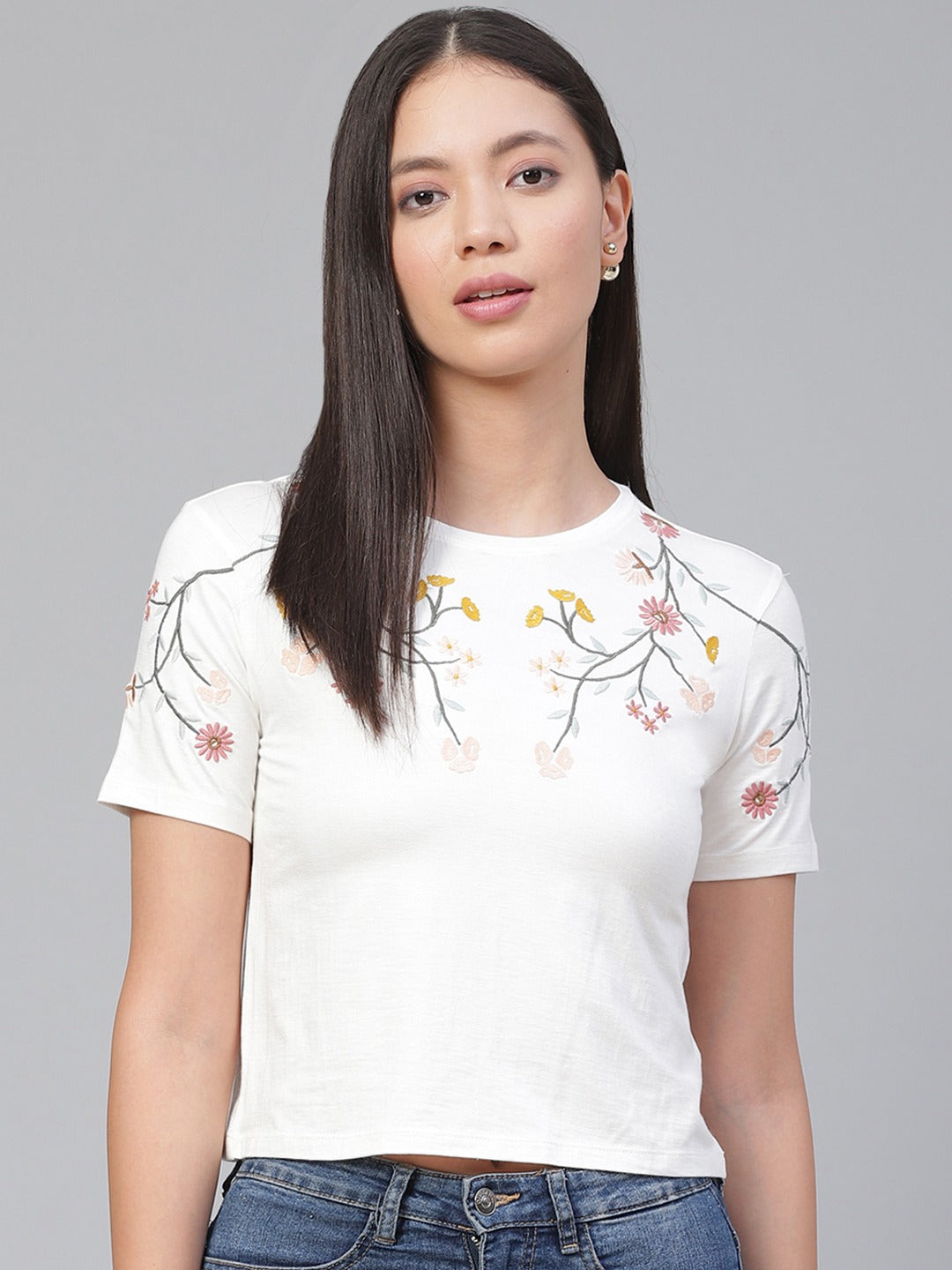 Women's Embroided White Crop Top
