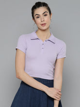 Women Solid Lavender Polo Collar T-shirt