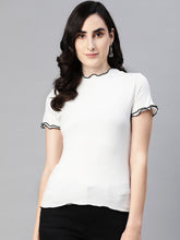 Women Solid White Ribbed Top