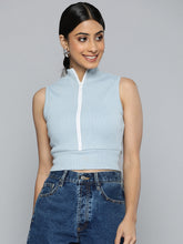 Women Front Zipper Blue Crop Top