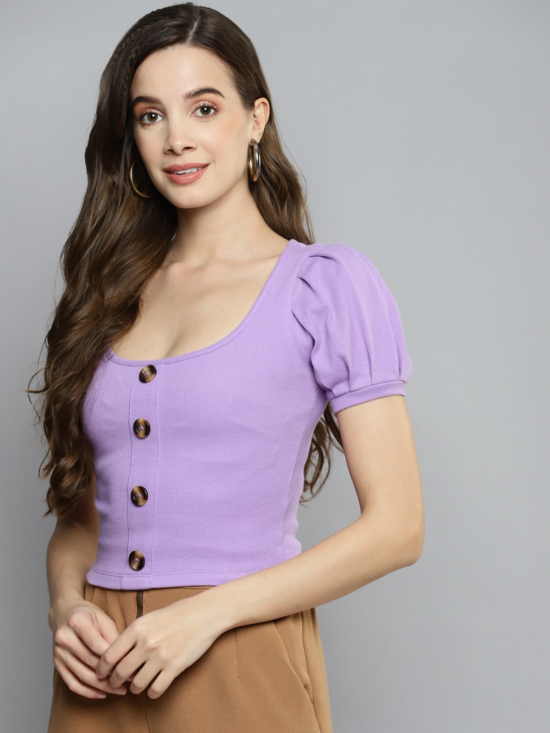 Women Puff Sleeve Solid Lavender Top