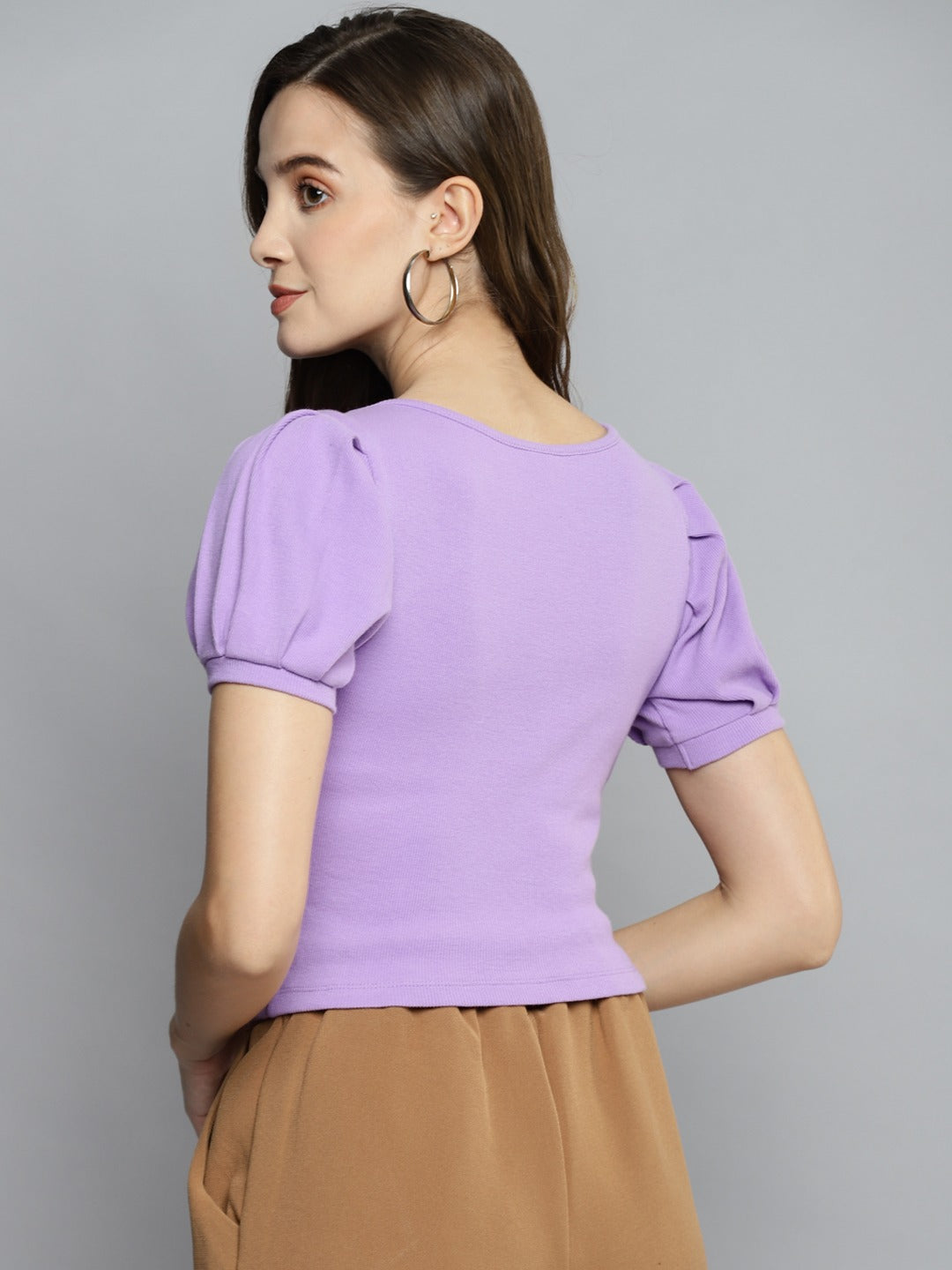 Women Puff Sleeve Solid Lavender Top