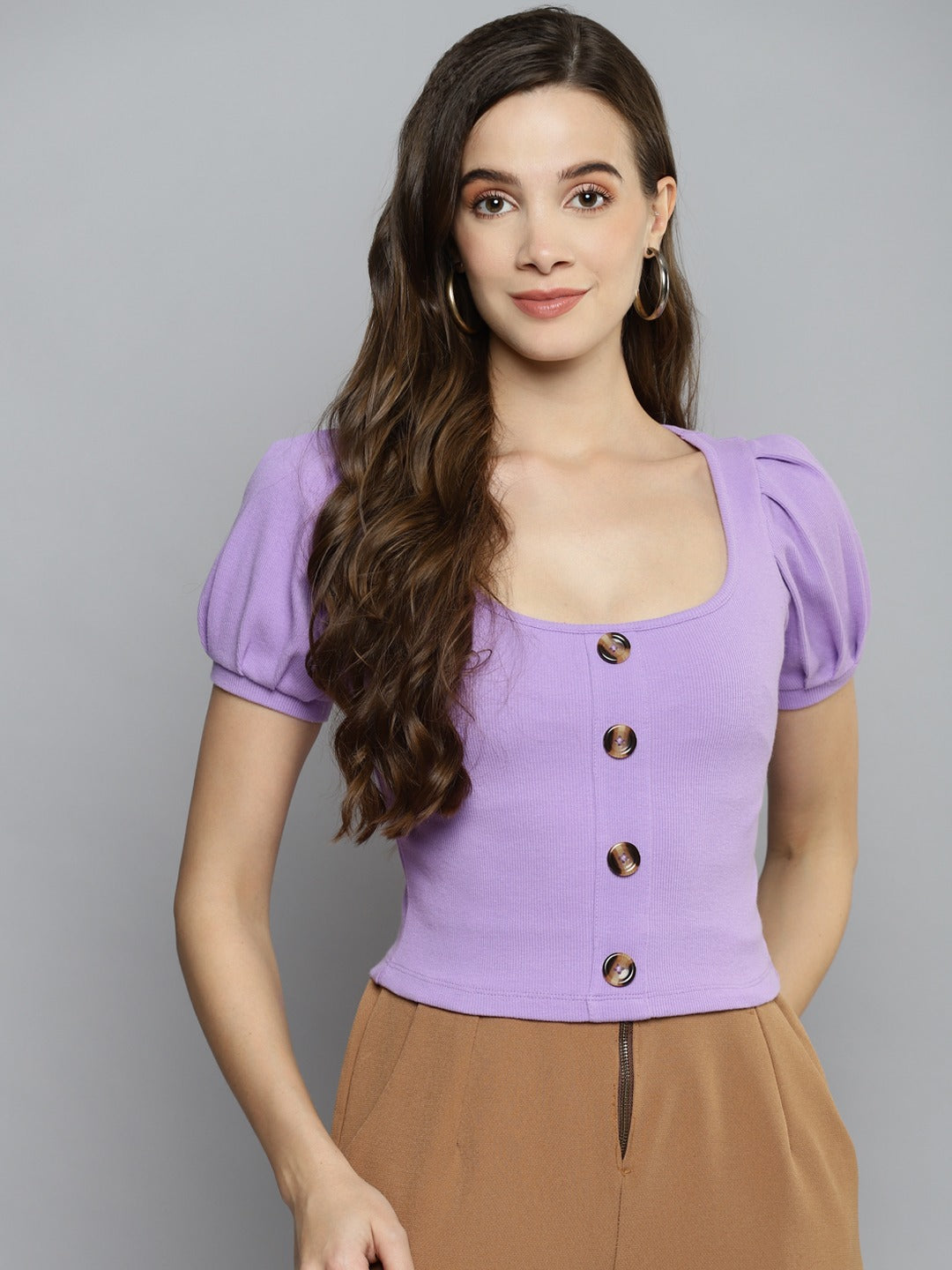 Women Puff Sleeve Solid Lavender Top