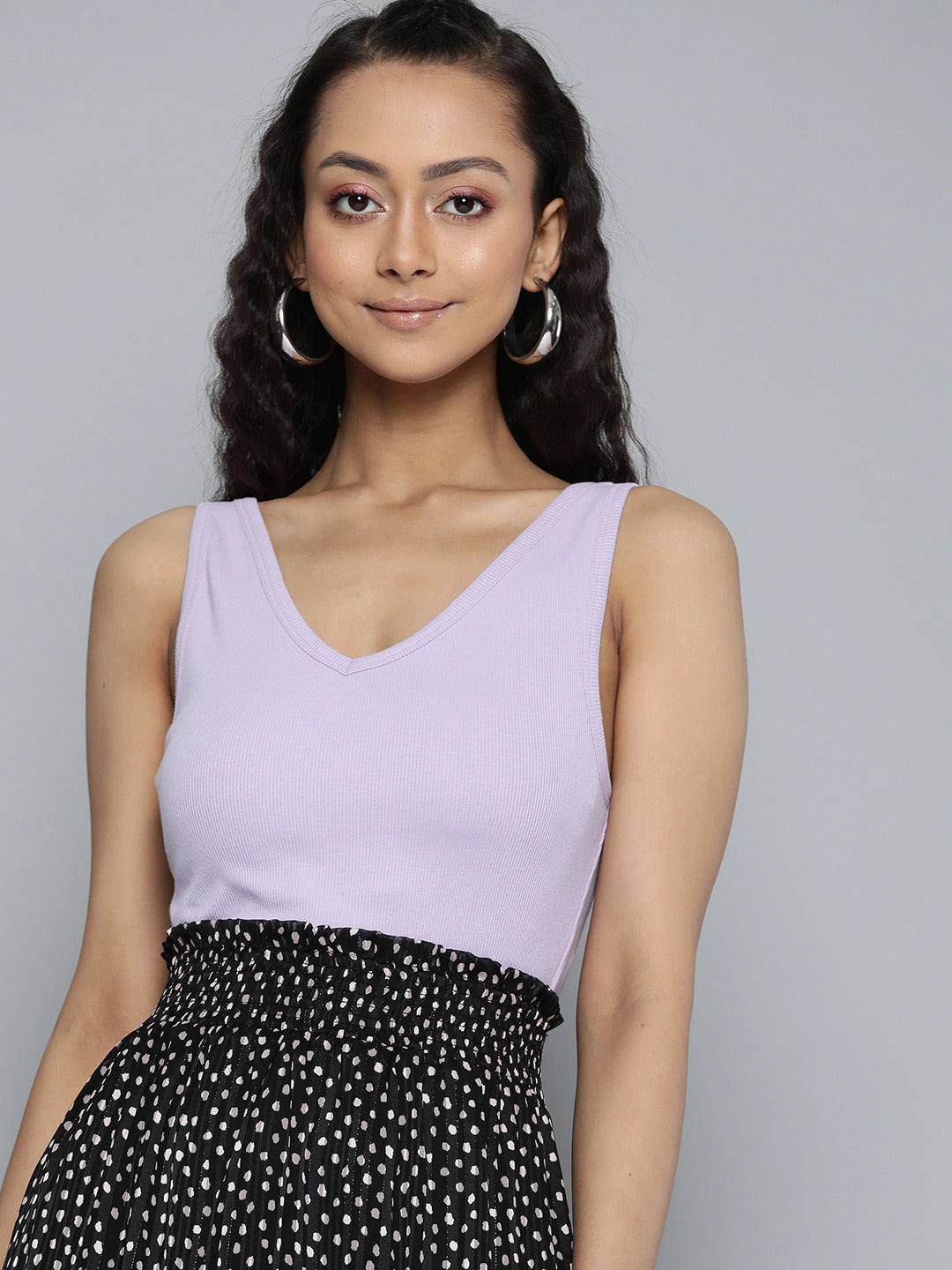 Women V-Neck Ribbed Fitted Lavender Crop Top