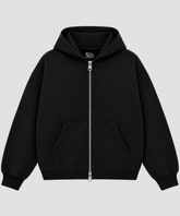 Black Boxy Double Zip Hoodie – 360 GSM Cotton Fleece