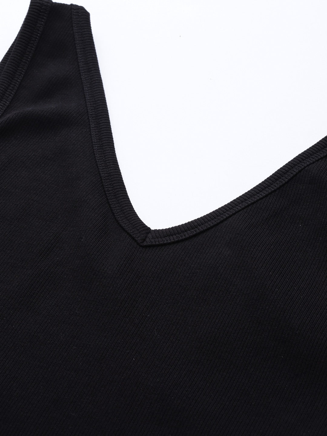 Women V-Neck Ribbed Fitted Black Crop Top