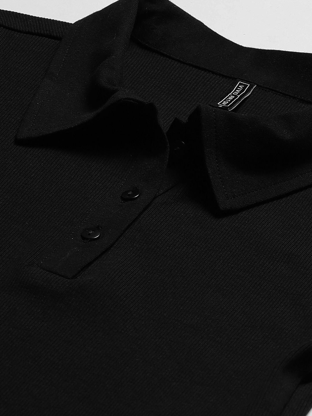 Women Solid Black Polo Collar T-shirt