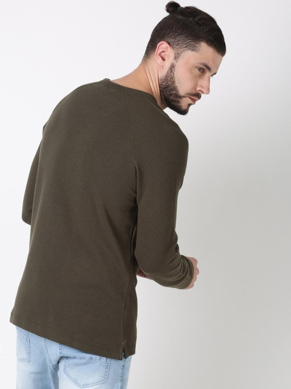 Men Solid Olive Cotton Crew Neck Pullover Sweatshirt