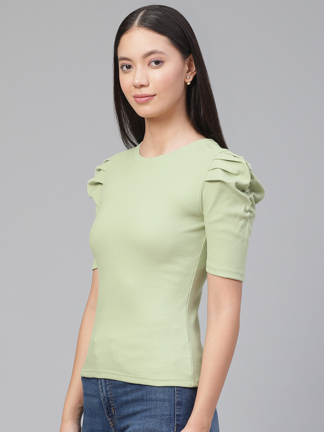 Women Puff Sleeve Green Top