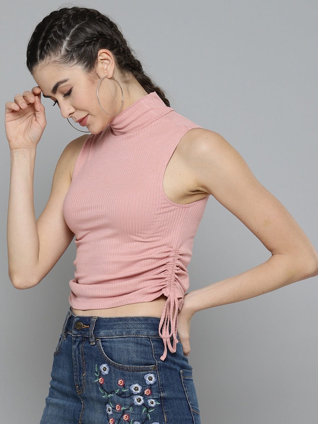 Women Ribbed Pink Crop Top