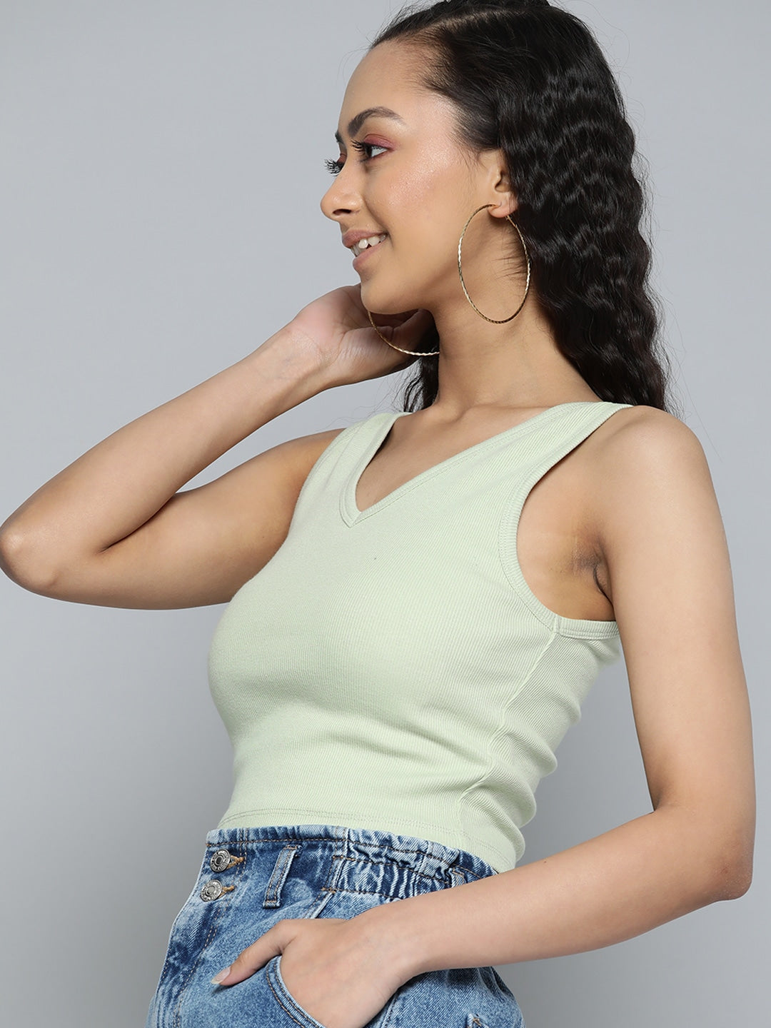 Women V-Neck Ribbed Fitted Green Crop Top