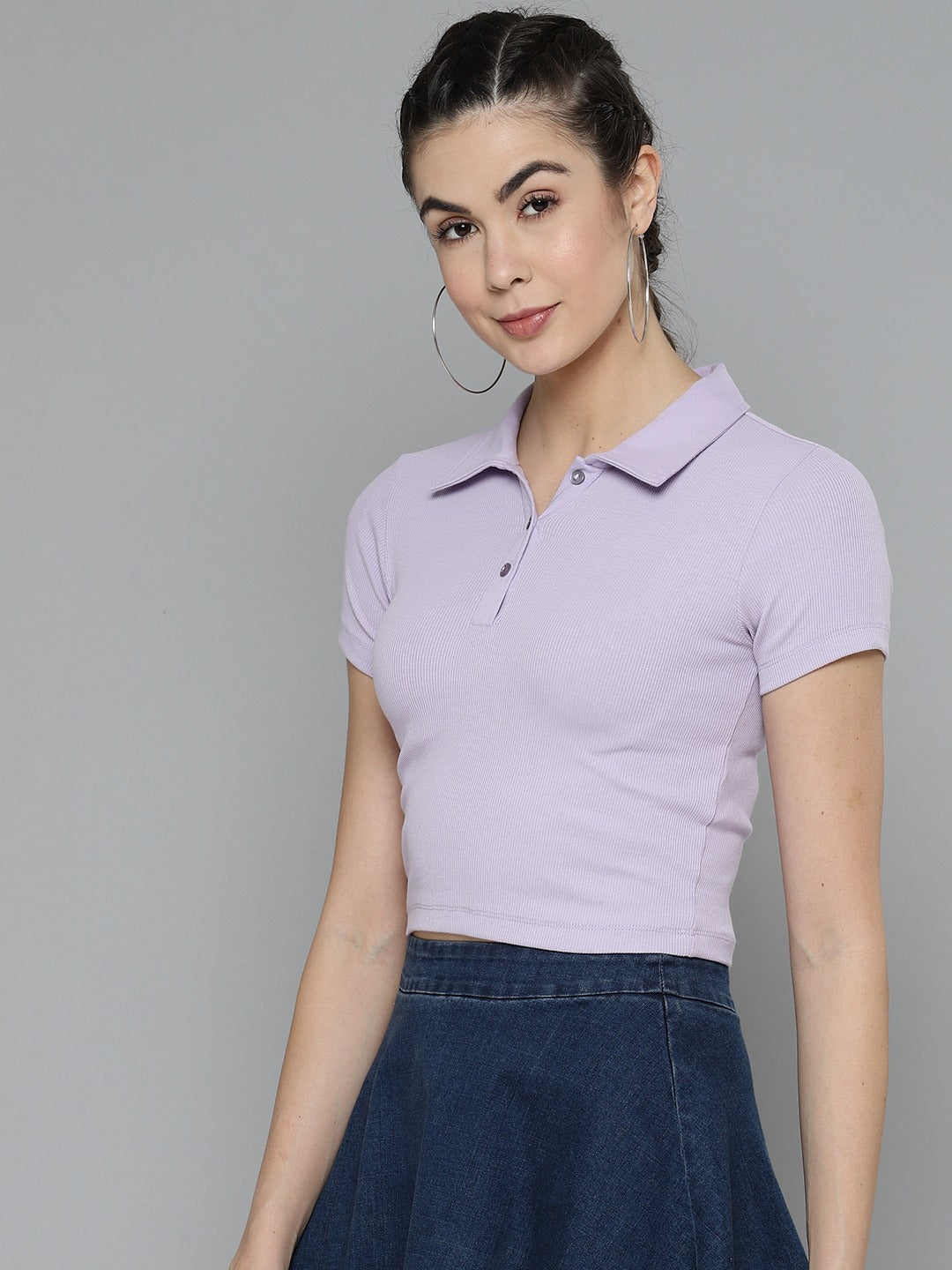 Women Solid Lavender Polo Collar T-shirt