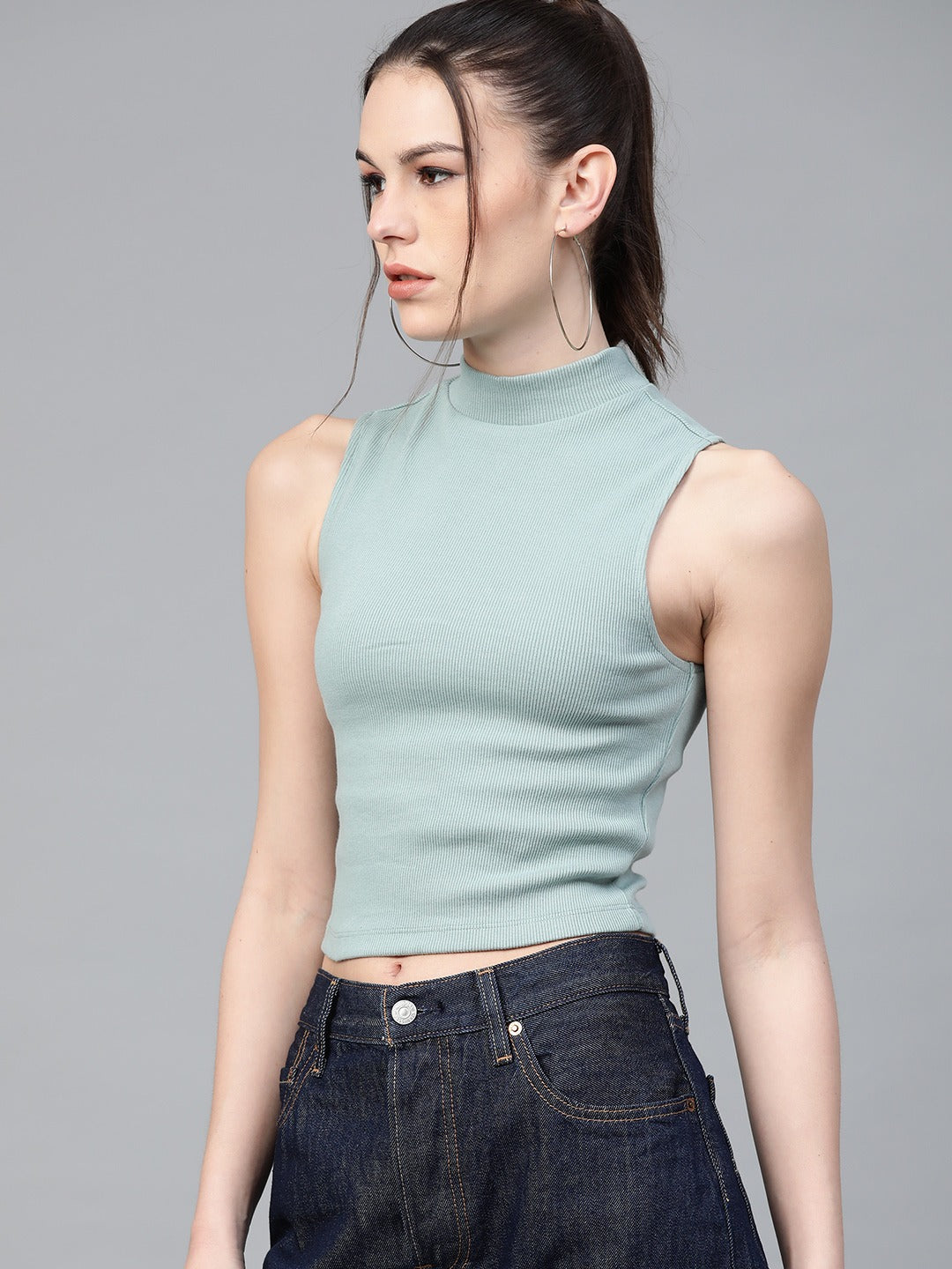 Women Ribbed Crop Top Sea Green