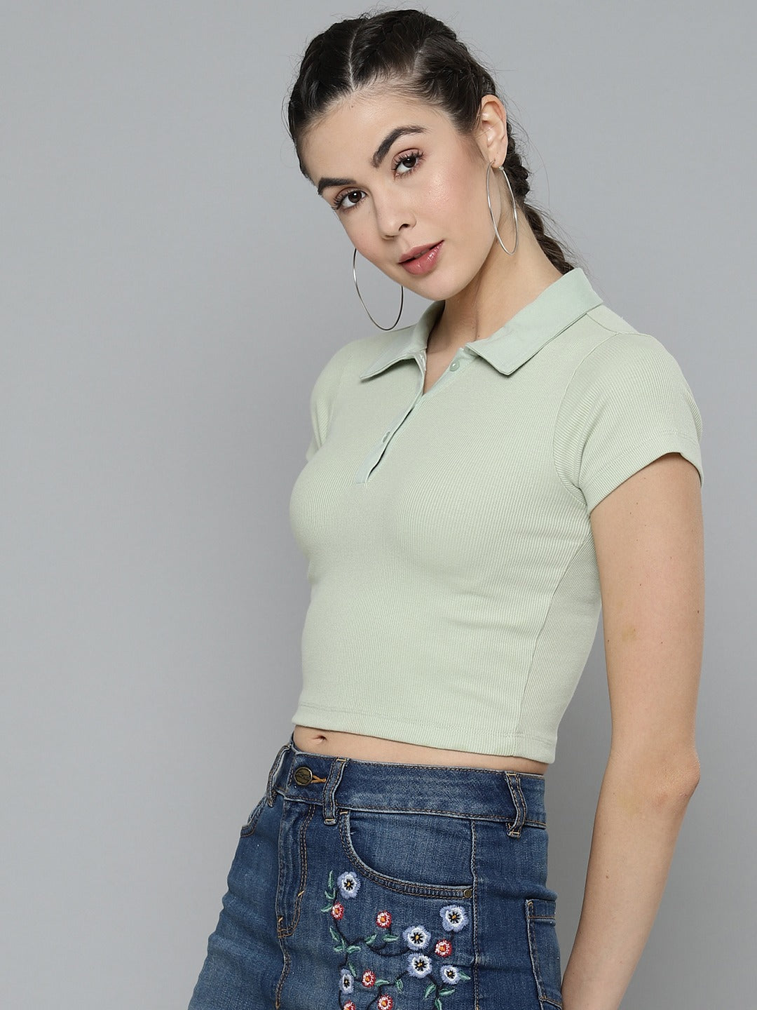 Women Solid Green Polo Collar T-shirt