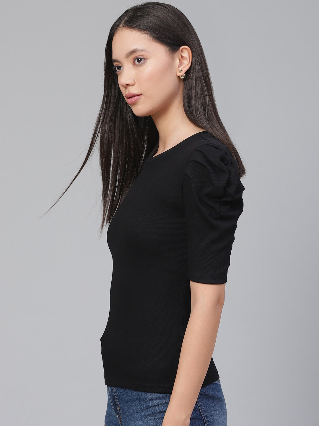 Women Puff Sleeve Black Top