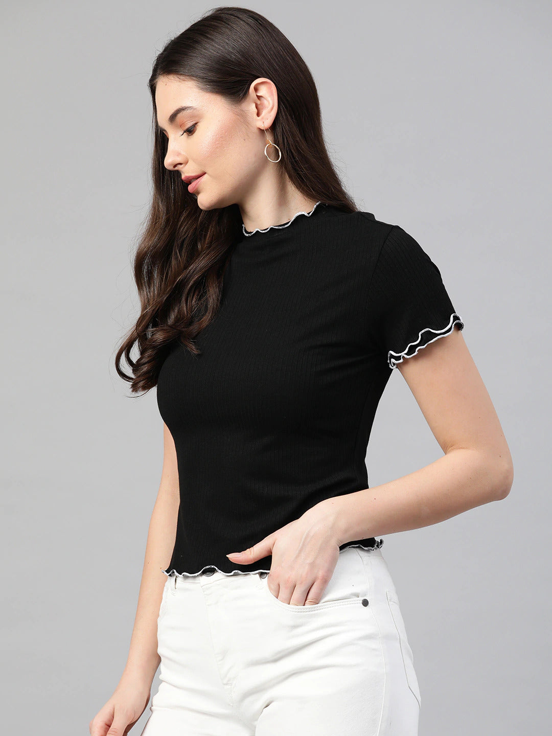 Women Solid Black Ribbed Top