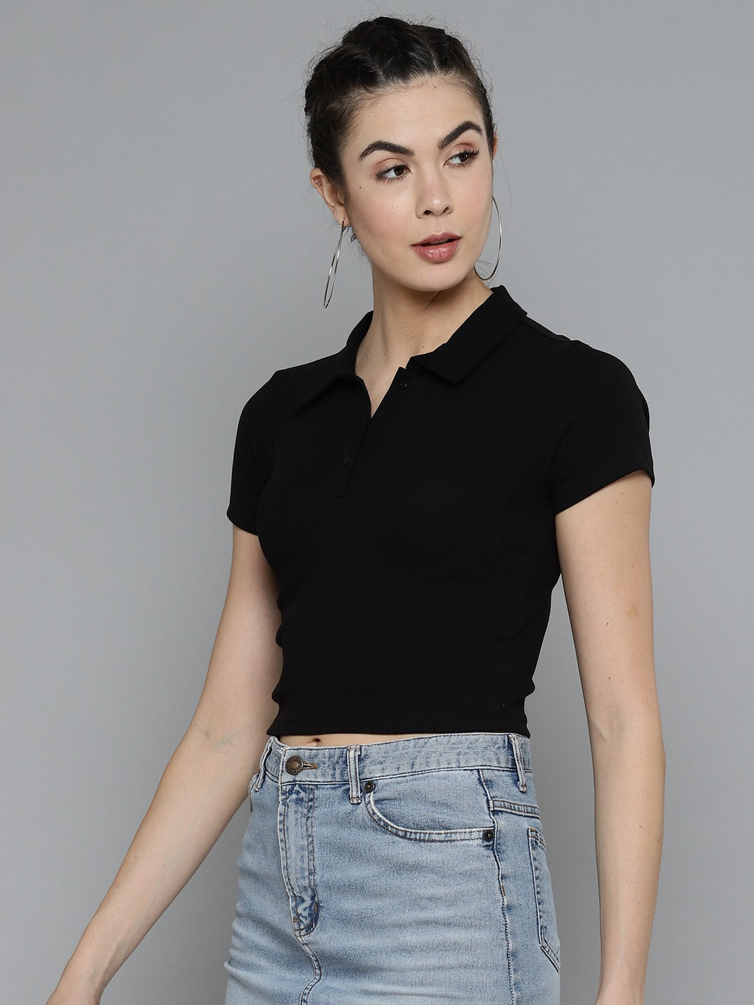 Women Solid Black Polo Collar T-shirt