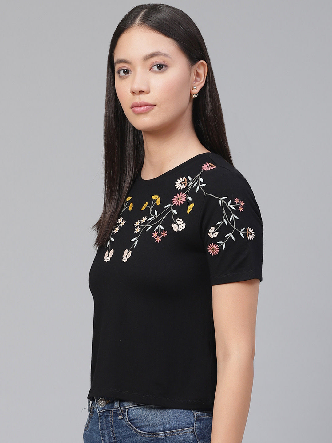 Women's Embroided Black Crop Top