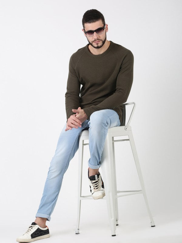Men Solid Olive Cotton Crew Neck Pullover Sweatshirt