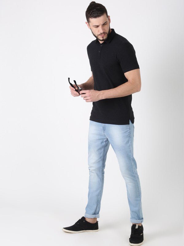 Men Plain Black Cotton Polo T-shirt