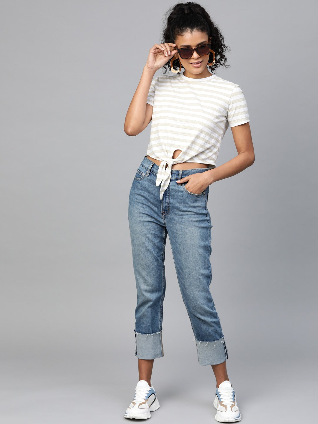 Women Front Knot Striped Top