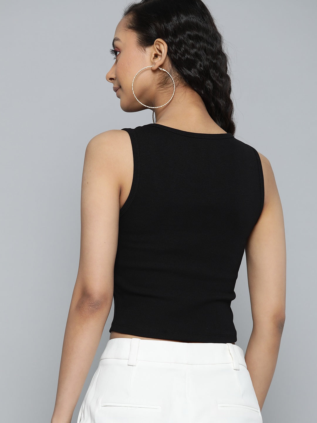 Women Ribbed Fitted Black Crop Top