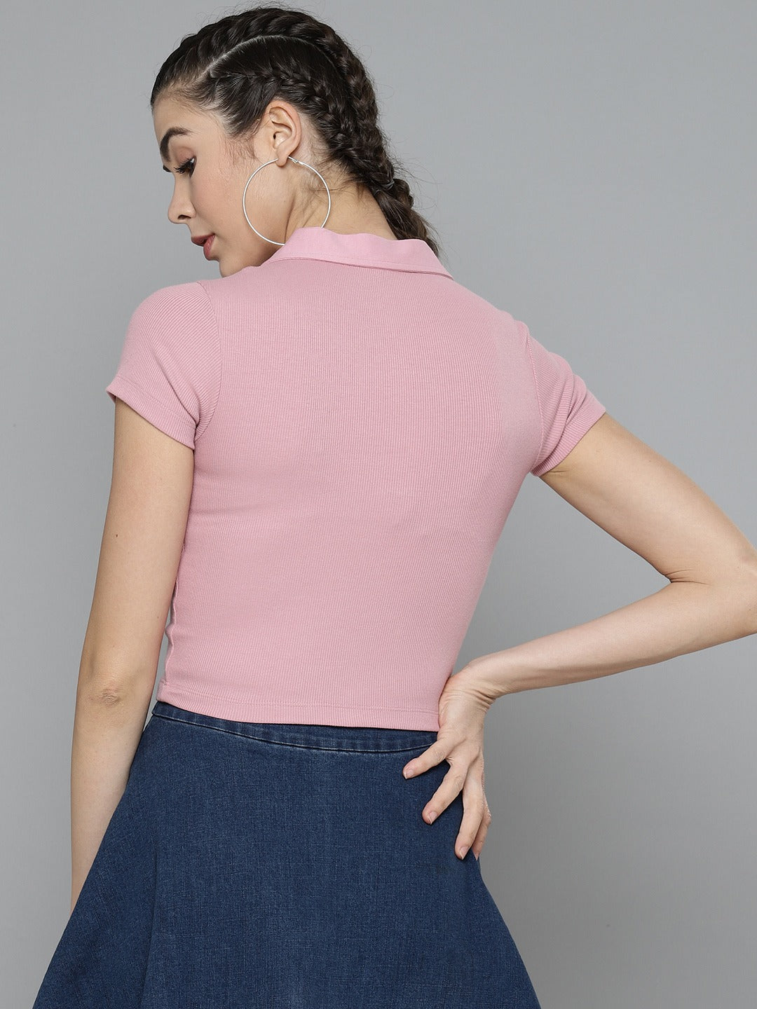 Women Solid Pink Polo Collar T-shirt