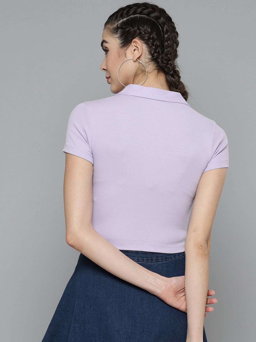 Women Solid Lavender Polo Collar T-shirt