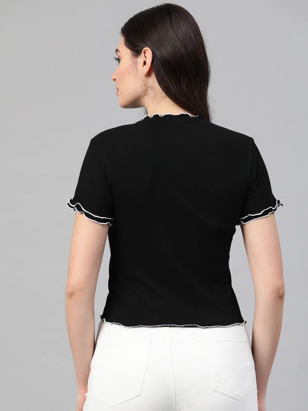 Women Solid Black Ribbed Top