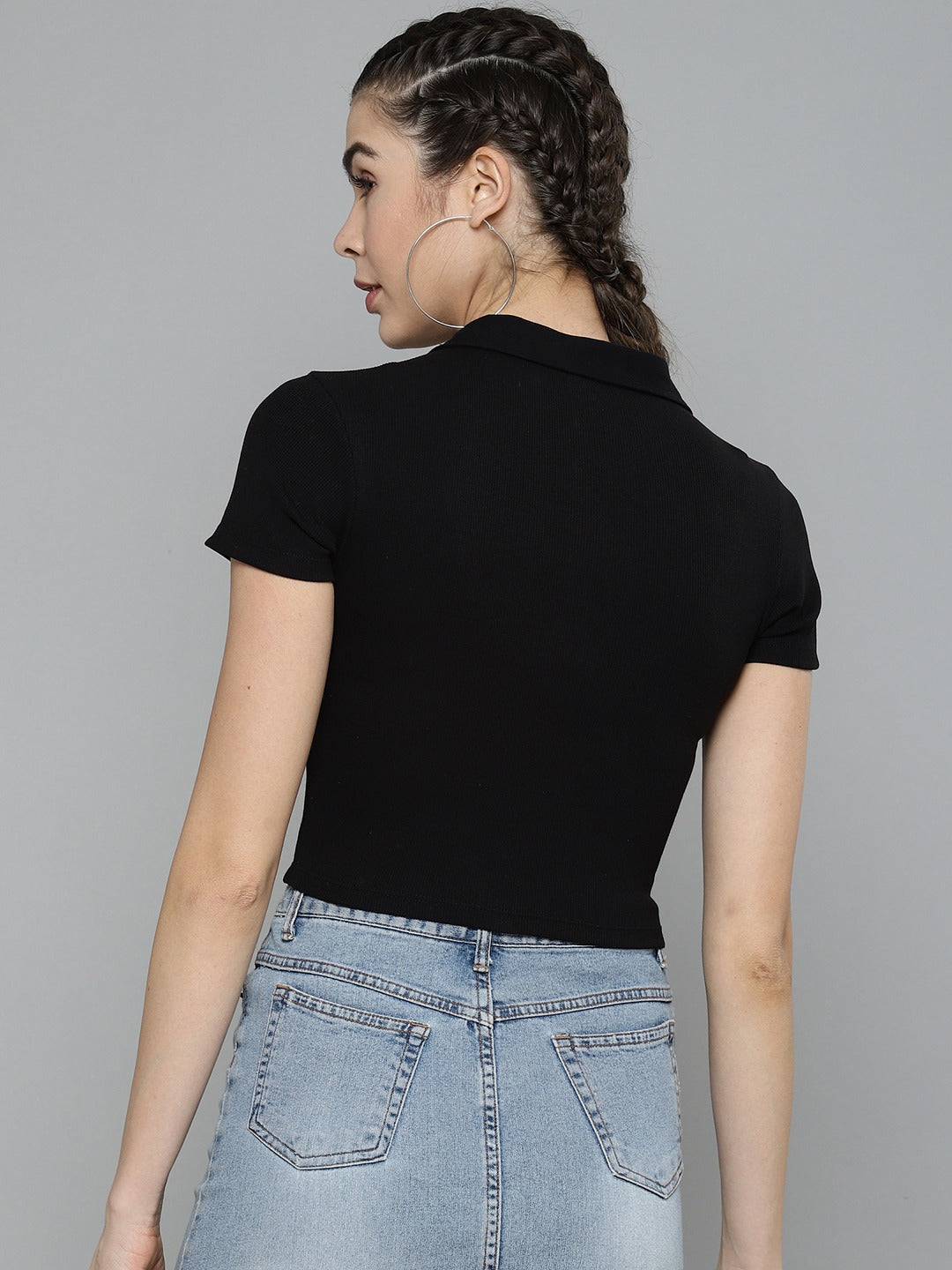 Women Solid Black Polo Collar T-shirt