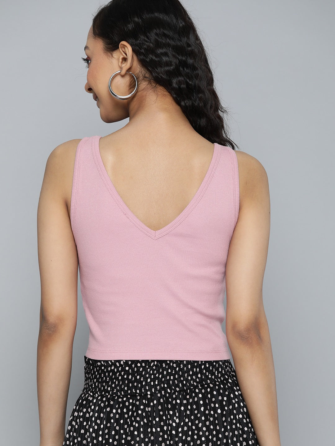 Women V-Neck Ribbed Fitted Pink Crop Top