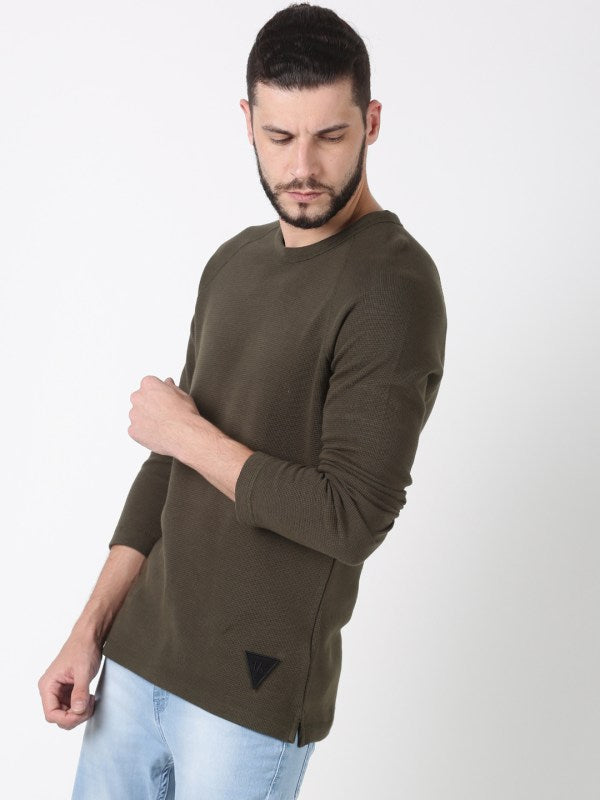 Men Solid Olive Cotton Crew Neck Pullover Sweatshirt