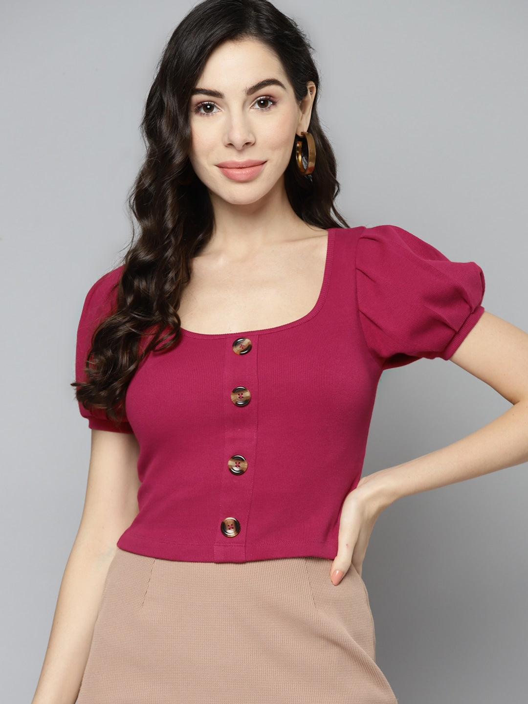 Women Puff Sleeve Solid Pink Top
