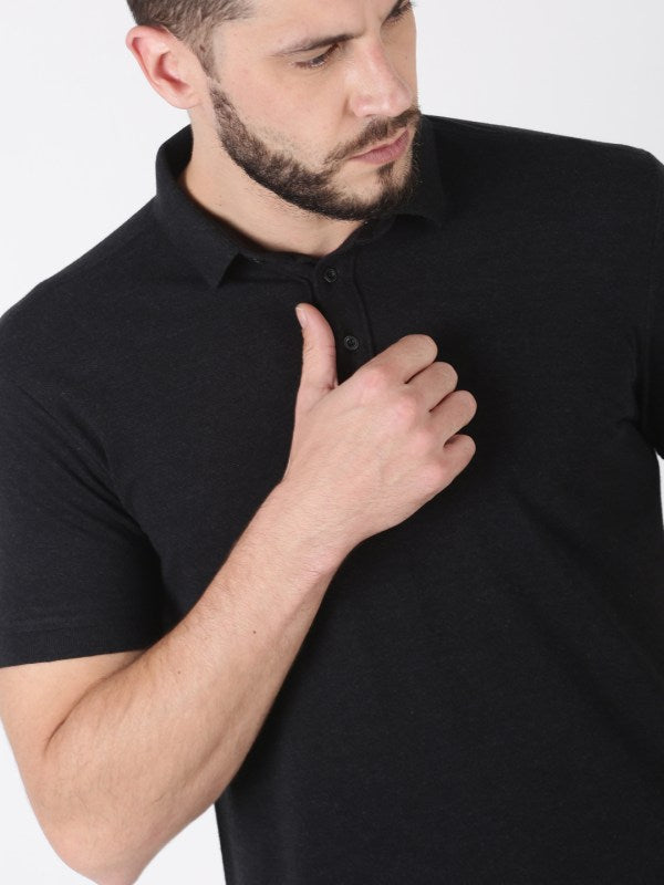 Men Plain Black Cotton Polo T-shirt