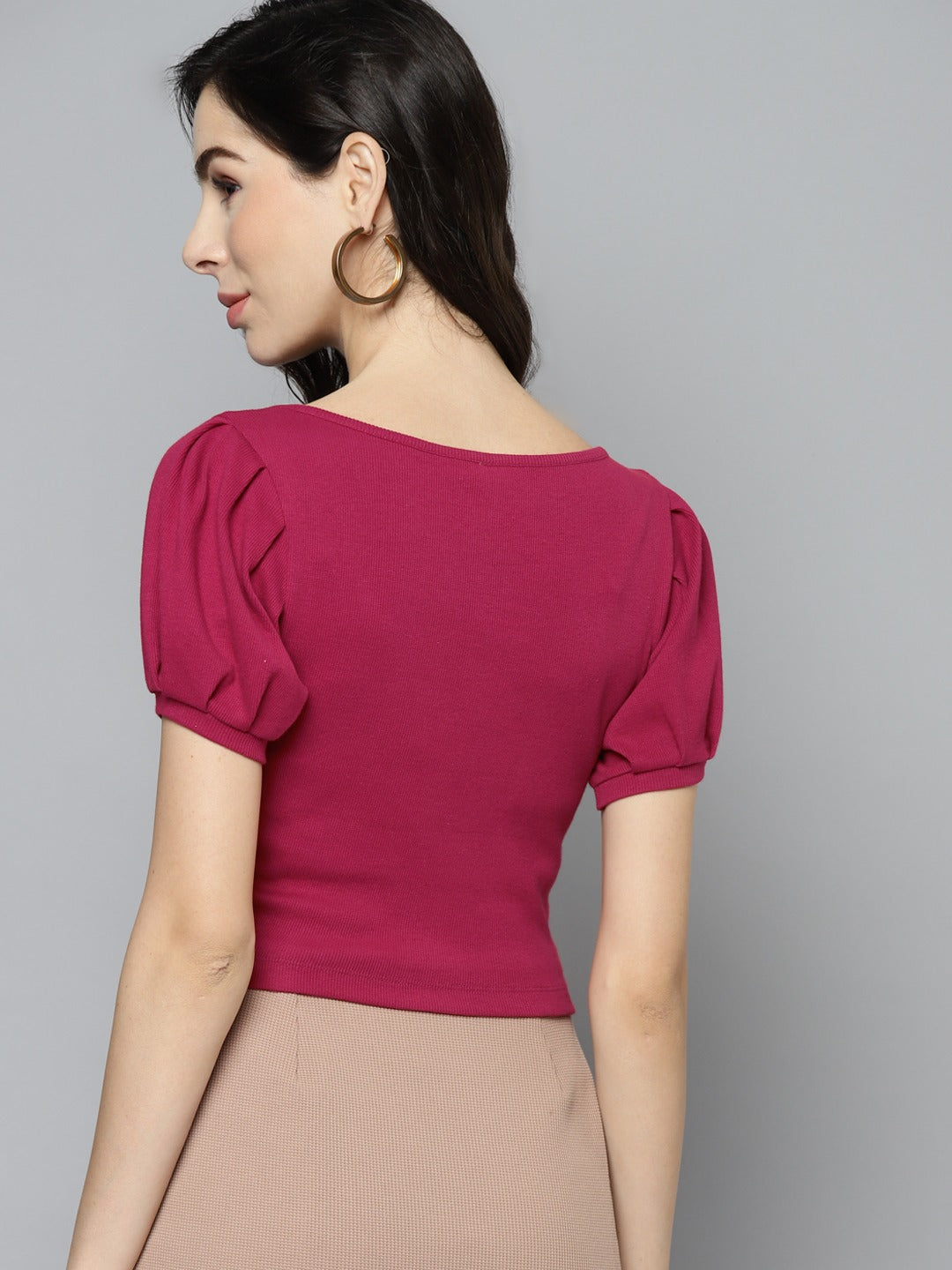 Women Puff Sleeve Solid Pink Top