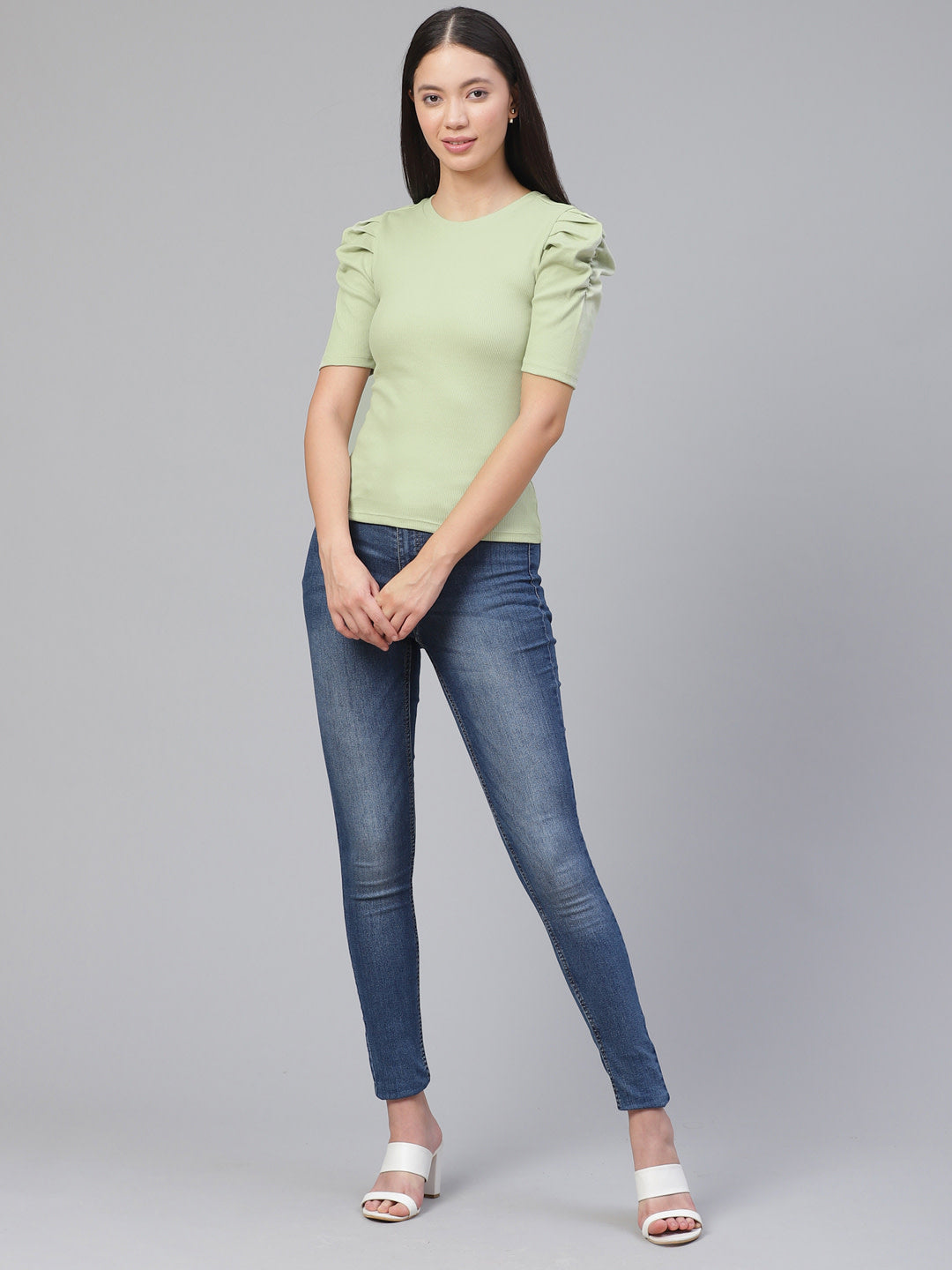 Women Puff Sleeve Green Top