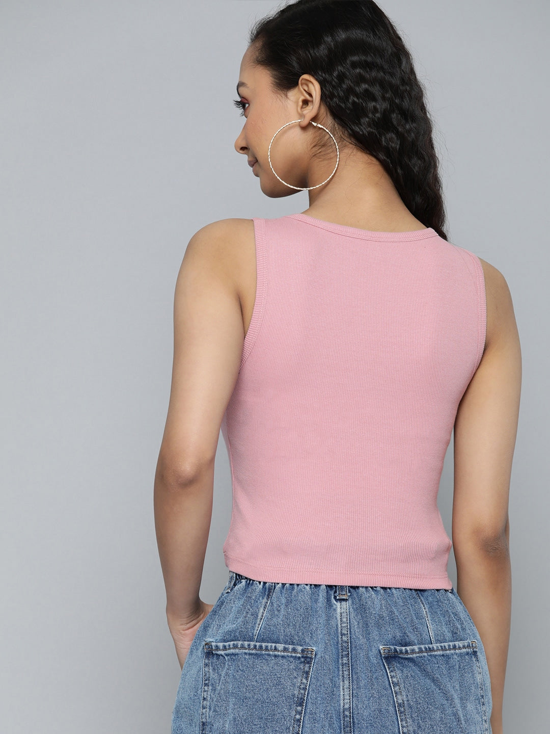 Women Ribbed Fitted Pink Crop Top