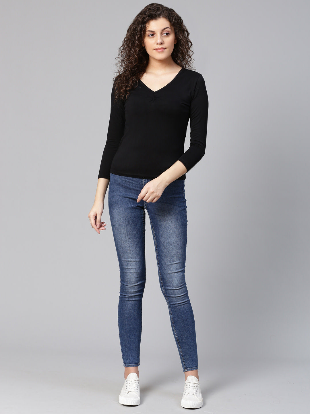 Women Solid Black V-Neck T-shirt