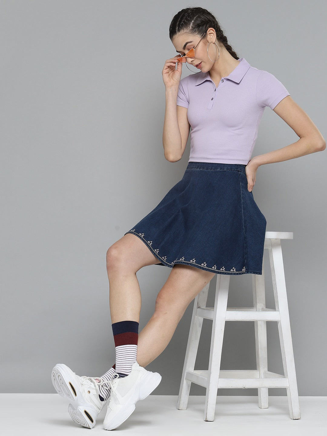 Women Solid Lavender Polo Collar T-shirt