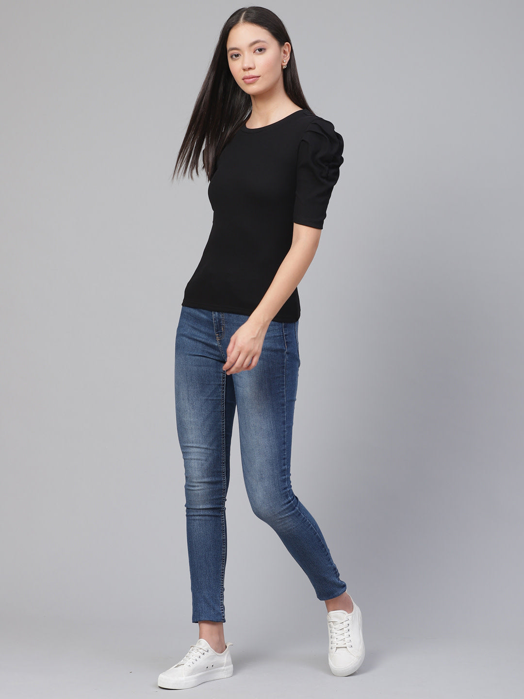 Women Puff Sleeve Black Top