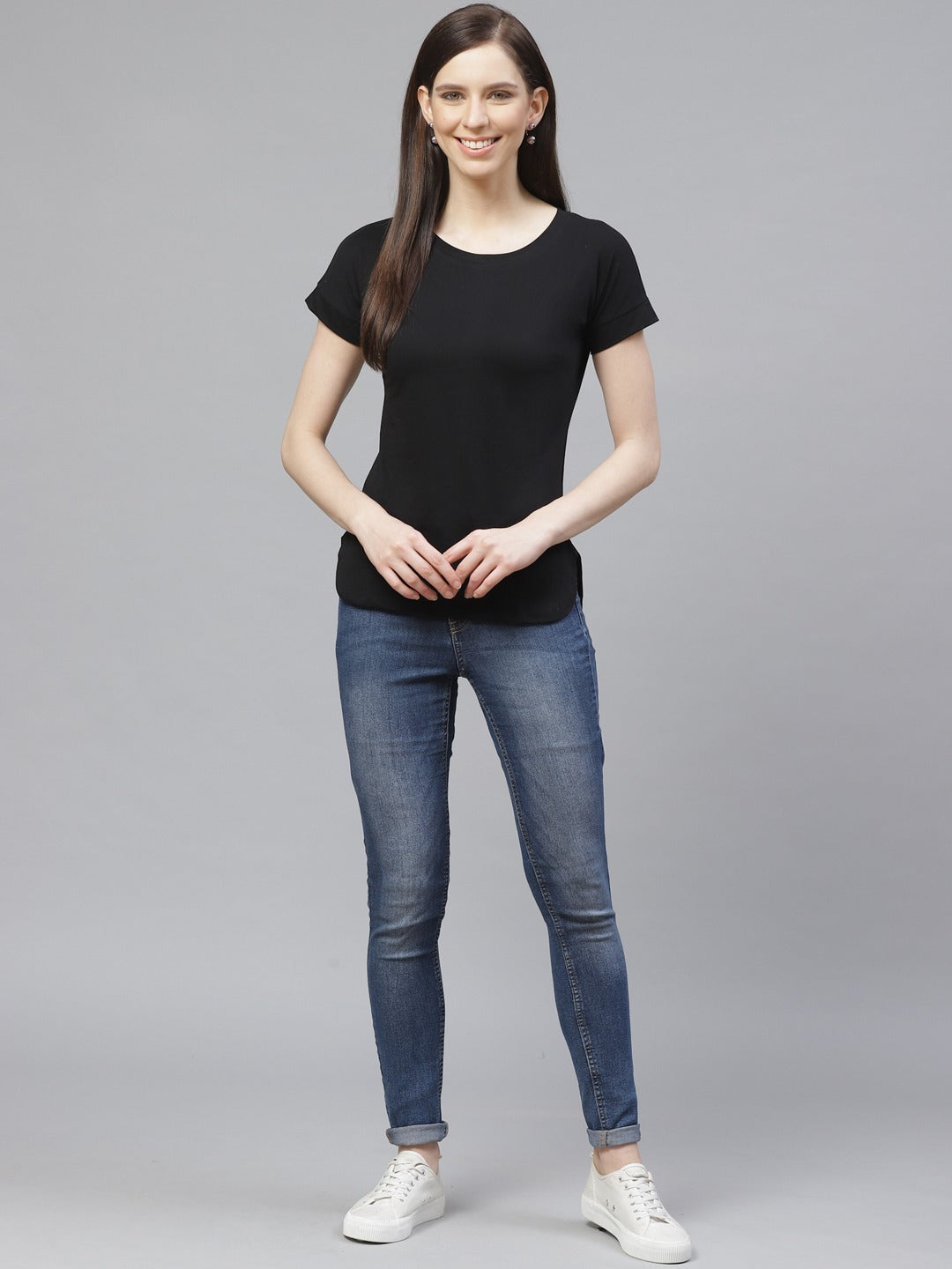 Women High-Low Long Black T-shirt