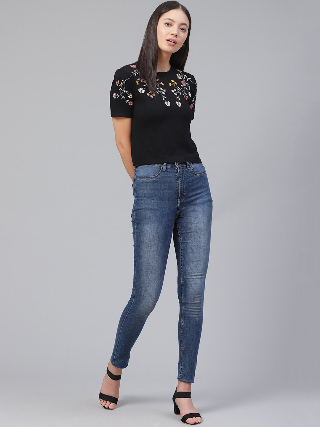 Women's Embroided Black Crop Top