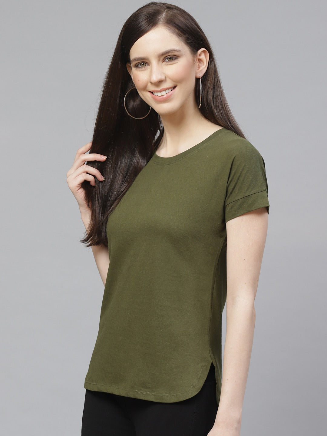 Women High-Low Long Olive T-shirt