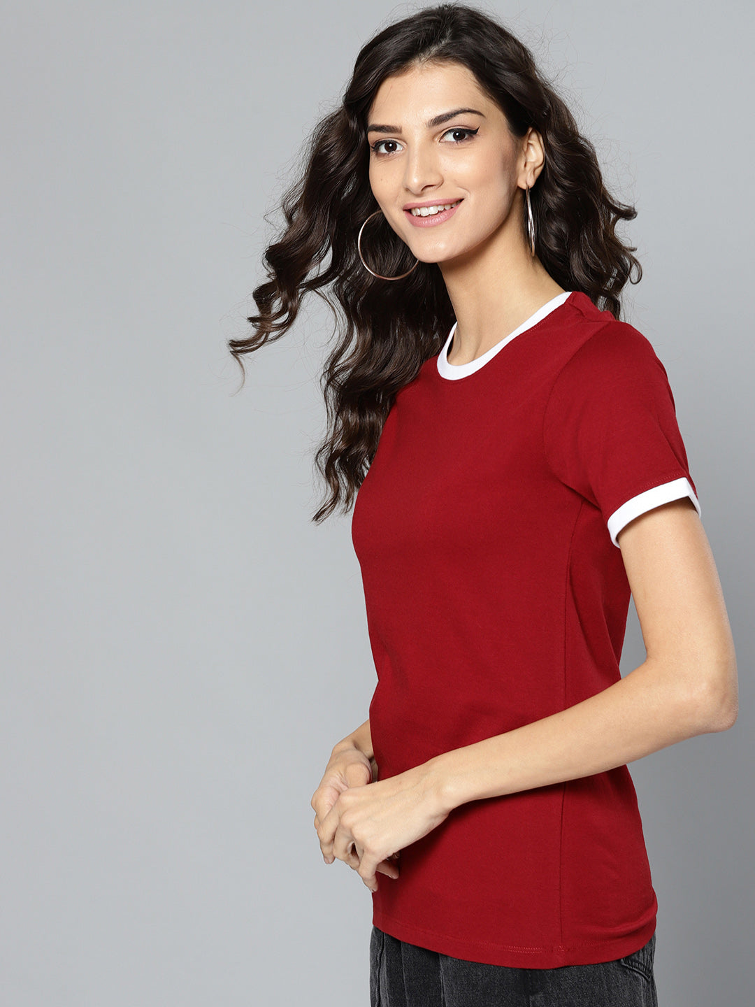 Women Solid Red Ringer T-shirt