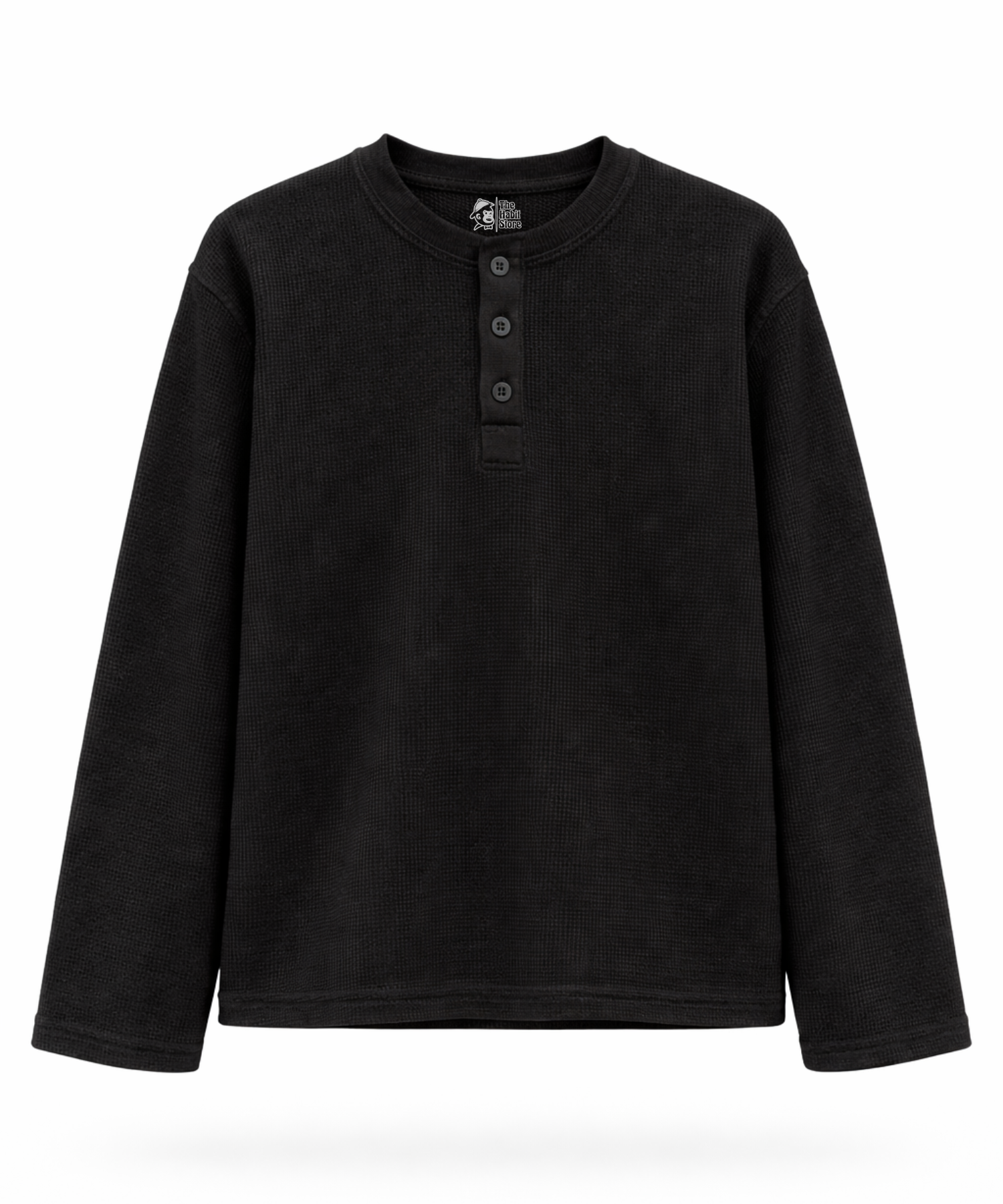 Black Henley Waffle Knit Full Sleeve