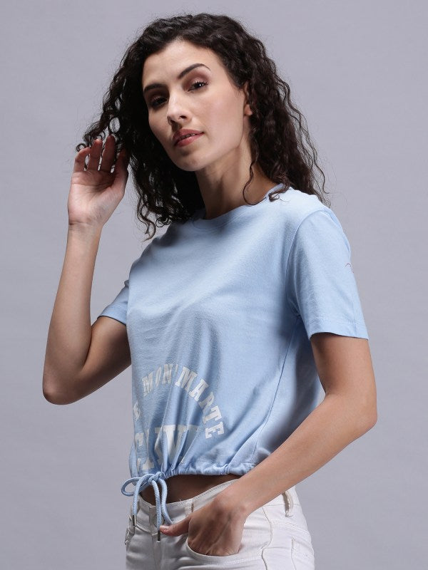 Women Blue Printed Cotton Crew Neck T-shirt
