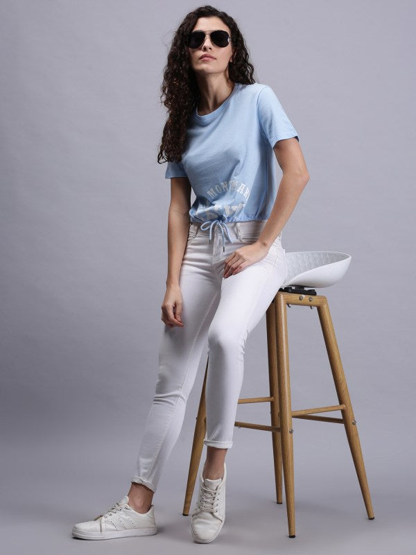 Women Blue Printed Cotton Crew Neck T-shirt