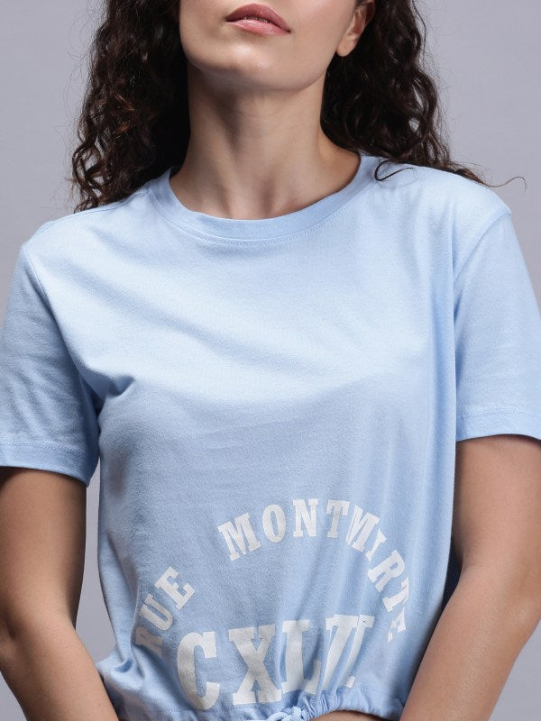 Women Blue Printed Cotton Crew Neck T-shirt