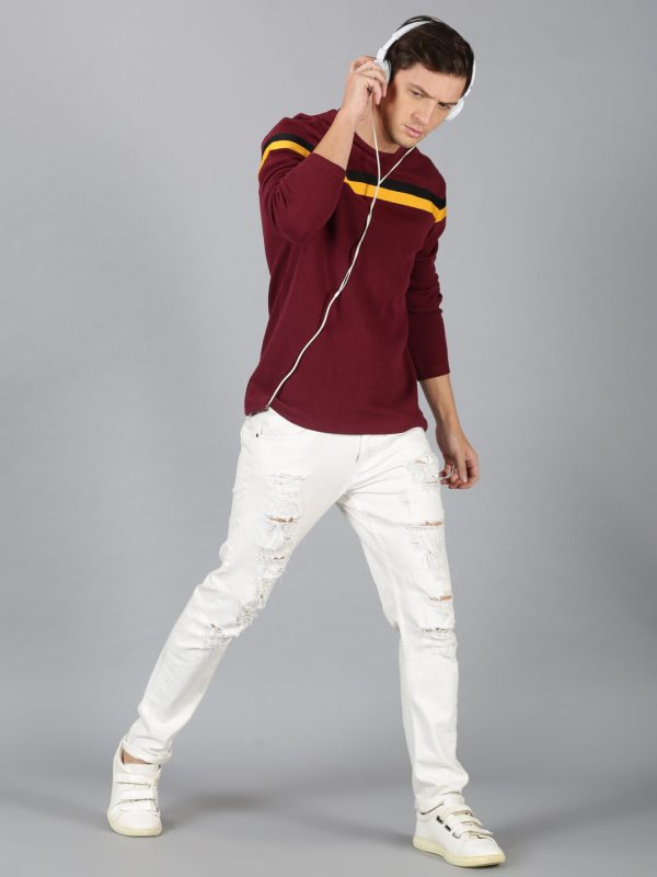 Men Chest Tape Burgundy Round Neck Sweatshirt