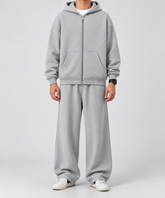 Grey Boxy Double Zip Hoodie & Sweatpants Combo Set – 360 GSM Cotton Fleece